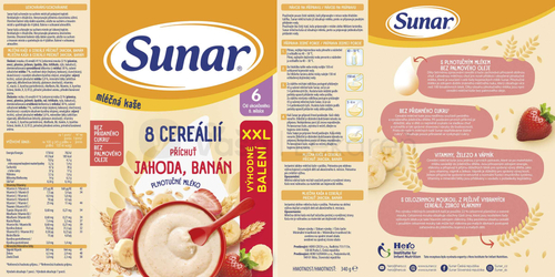 Sunar Mliečna kaša 8 cereálií Jahoda, banán XXL balenie (od ukončeného 6. mesiaca)