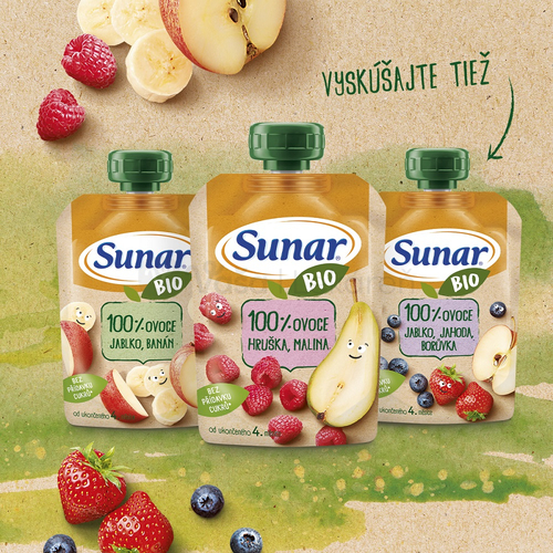 Sunar BIO Ovocná kapsička Jablko, banán, mrkva (od ukončeného 4.mesiaca)