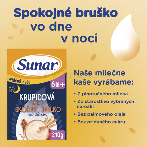 Sunar Mliečna kaša krupicová Na dobrú noc Škorica, jablko (od ukončeného 6. mesiaca)