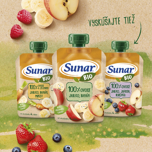 Sunar BIO Ovocná kapsička Hruška, malina (od ukončeného 4.mesiaca)