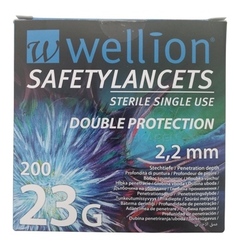 Wellion Safetylancets 23G Bezpečnostné lancety (hĺbka vpichu 2,2 mm)