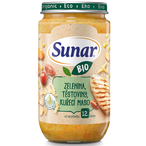 Sunar BIO Príkrm Zelenina, cestoviny, kuracie mäso, olivový olej (od ukončeného 12. mesiaca)