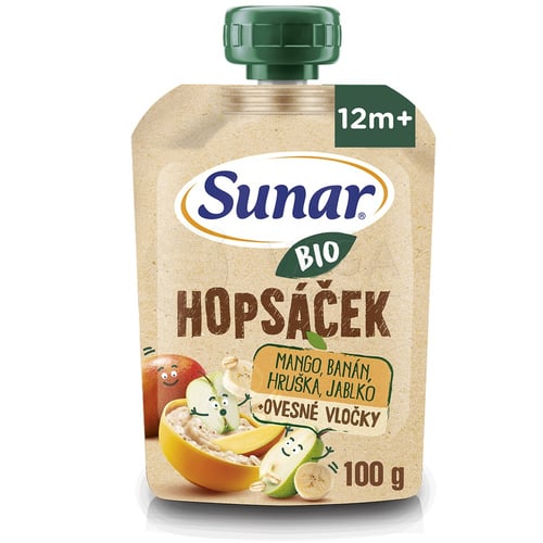 Sunar BIO Ovocná kapsička Hopsáček Mango, banán, hruška a ovsené vločky (od ukonč. 12. mesiaca)