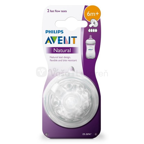 AVENT Natural č.4 Silikónový mäkký cumlík na fľašu, rýchly prietok (6+ mesiacov)