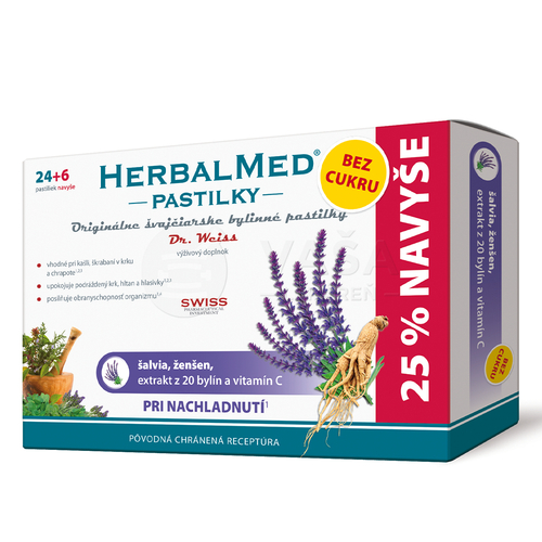 Dr. Weiss Herbalmed Pastilky bez cukru pri prechladnutí (šalvia, ženšen, 20 bylín, vitamín C)