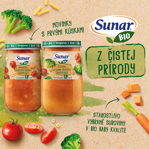 Sunar BIO Príkrm Zelenina, celozrnné cestoviny, olivový olej (od ukončeného 8. mesiaca)