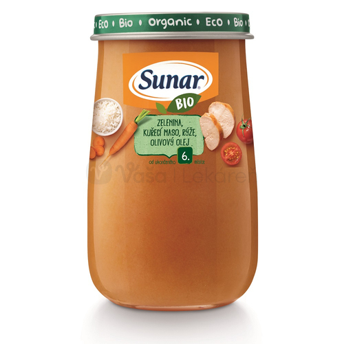 Sunar BIO Príkrm Zelenina, kuracie mäso, ryža, olivový olej (od ukončeného 6. mesiaca)