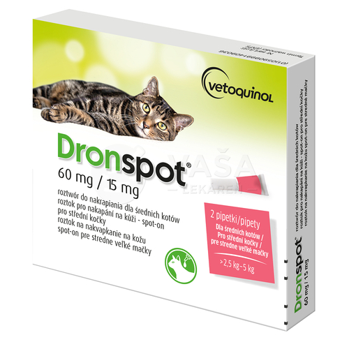 Dronspot 60 mg/15 mg Spot-on na odčervenie pre stredne veľké mačky (&gt;2,5 - 5 kg)