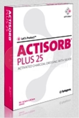 Actisorb Plus 25 Obväz s aktívnym uhlím a striebrom (10,5 x 10,5 cm)