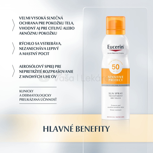 Eucerin Sun Sensitive Protect Dry Touch Transparentný sprej na opaľovanie na citlivú pokožku SPF50