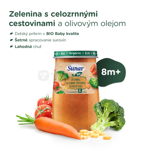 Sunar BIO Príkrm Zelenina, celozrnné cestoviny, olivový olej (od ukončeného 8. mesiaca)