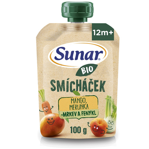 Sunar BIO Ovocná kapsička Smíchaček Mango, marhuľa, mrkva, fenikel (od ukončeného 12. mesiaca)