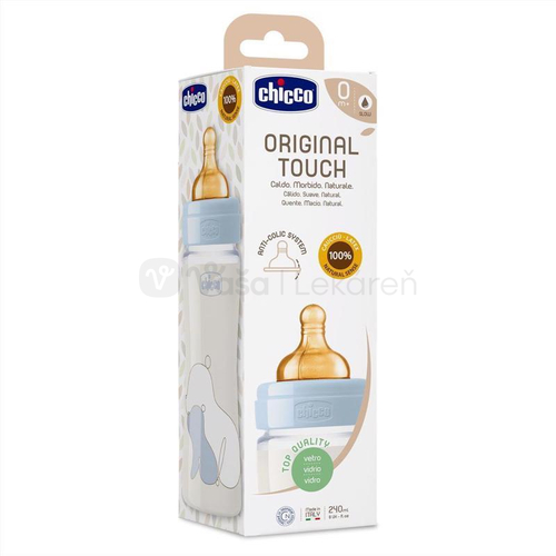 CHICCO Original Touch Sklenená dojčenská fľaša s latexovým cumlíkom