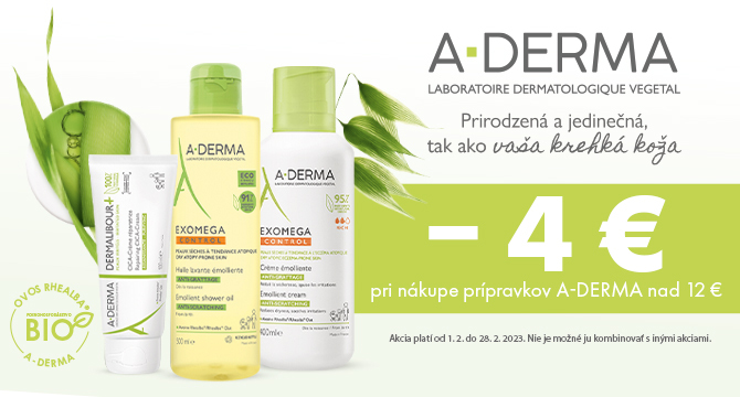 Získajte vybrané produkty A-Derma so zľavou 4€ pri nákupe nad 12€