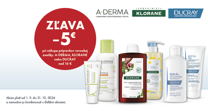 A-Derma, Ducray, Klorane zľava 5€ pri nákupe nad 16€!